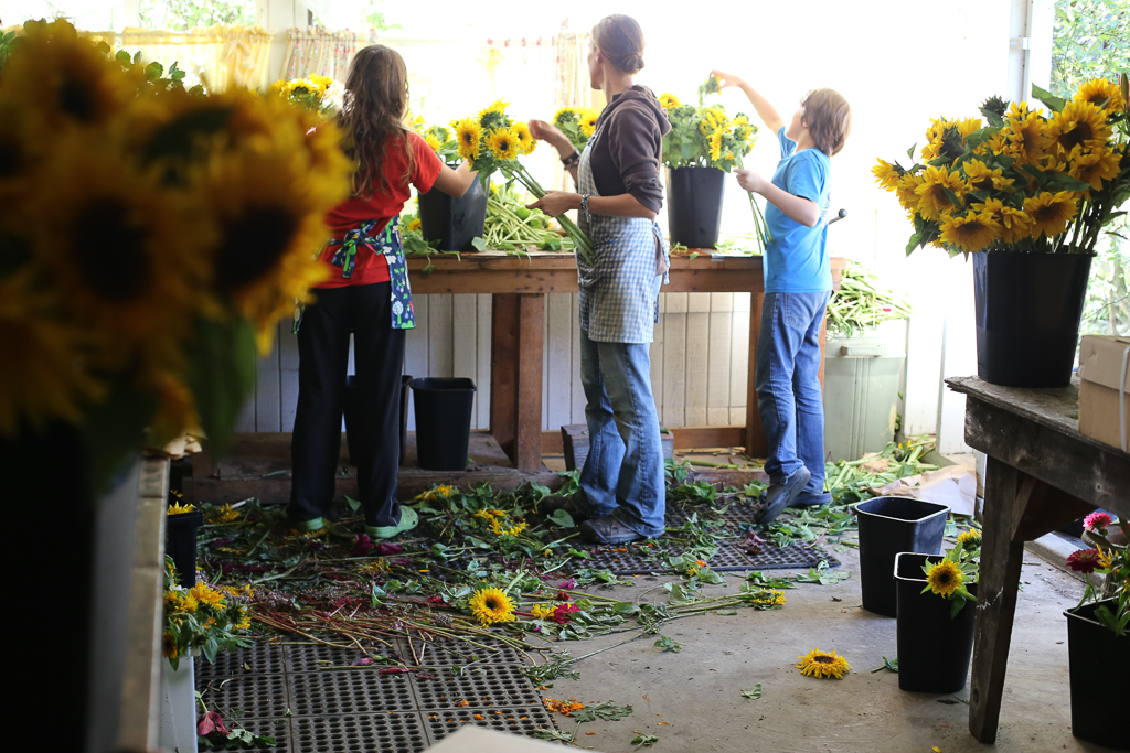 Erin Benzakein and her kids in the Floret Studio